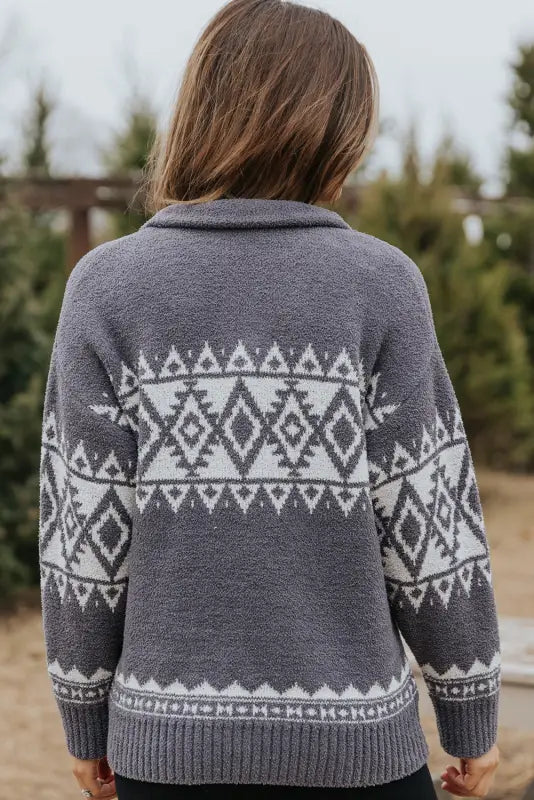 Gray western geometric printed quarter zip pullover sweater - sweaters & cardigans