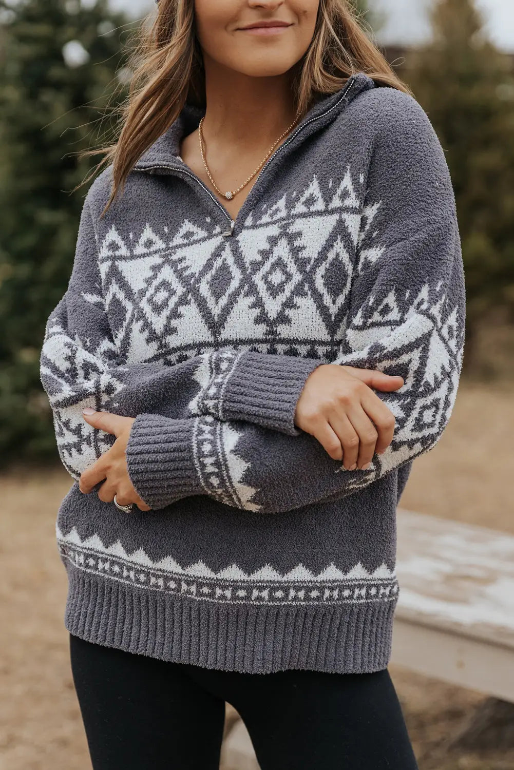 Gray western geometric printed quarter zip pullover sweater - sweaters & cardigans