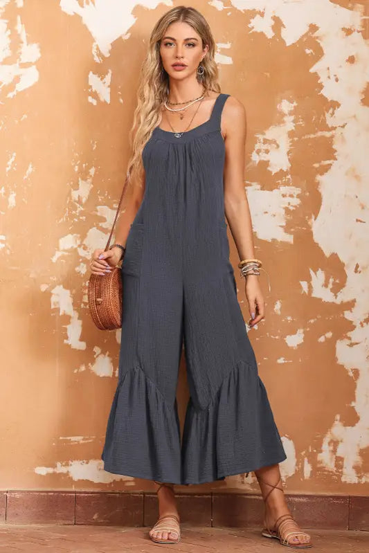 Gray wide leg ruffle jumpsuit - jumpsuits & rompers