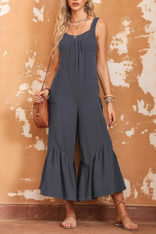 Gray wide leg ruffle jumpsuit - jumpsuits & rompers