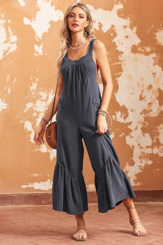 Gray wide leg ruffle jumpsuit - jumpsuits & rompers