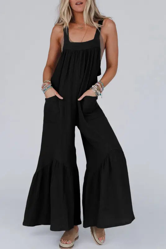 Gray wide leg ruffle jumpsuit - black / s / 100% cotton - jumpsuits & rompers