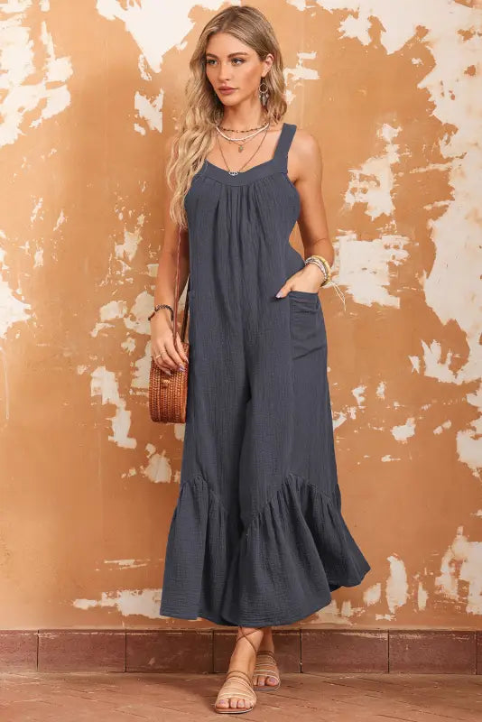 Gray wide leg ruffle jumpsuit - jumpsuits & rompers