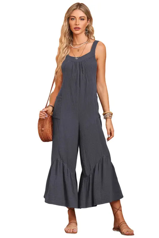 Gray wide leg ruffle jumpsuit - jumpsuits & rompers