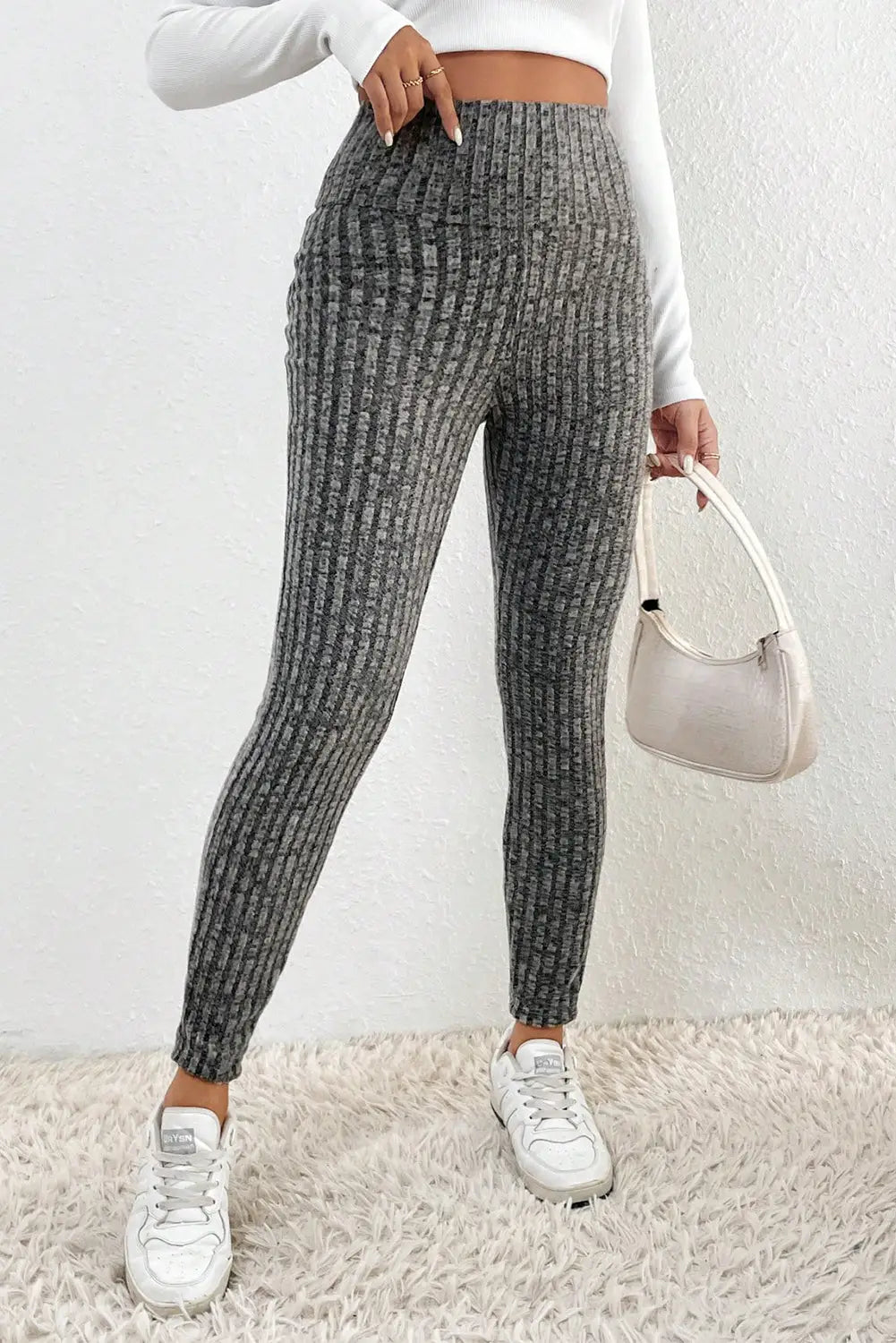 Gray wide waistband ribbed textured knit leggings - l / 95% polyester + 5% elastane