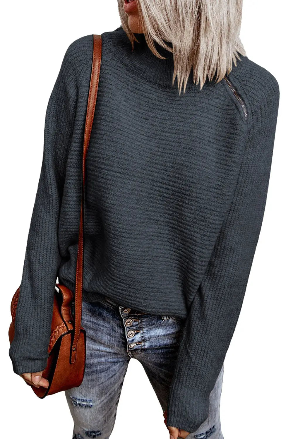 Gray zip knitted high neck sweater - sweaters & cardigans