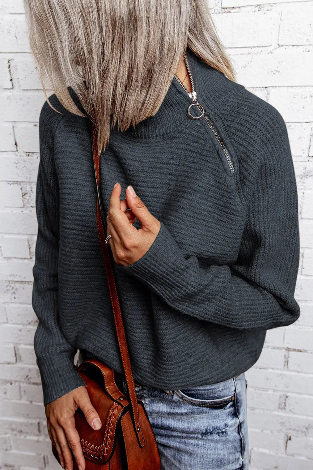Gray zip knitted high neck sweater - sweaters & cardigans