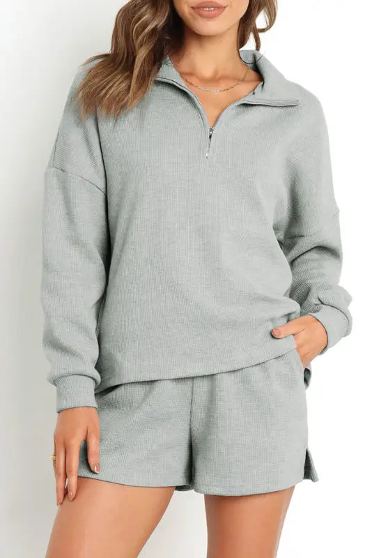 Gray zip sweat & shorts lounge set - s / 60% cotton + 35% polyester + 5% elastane - two piece sets