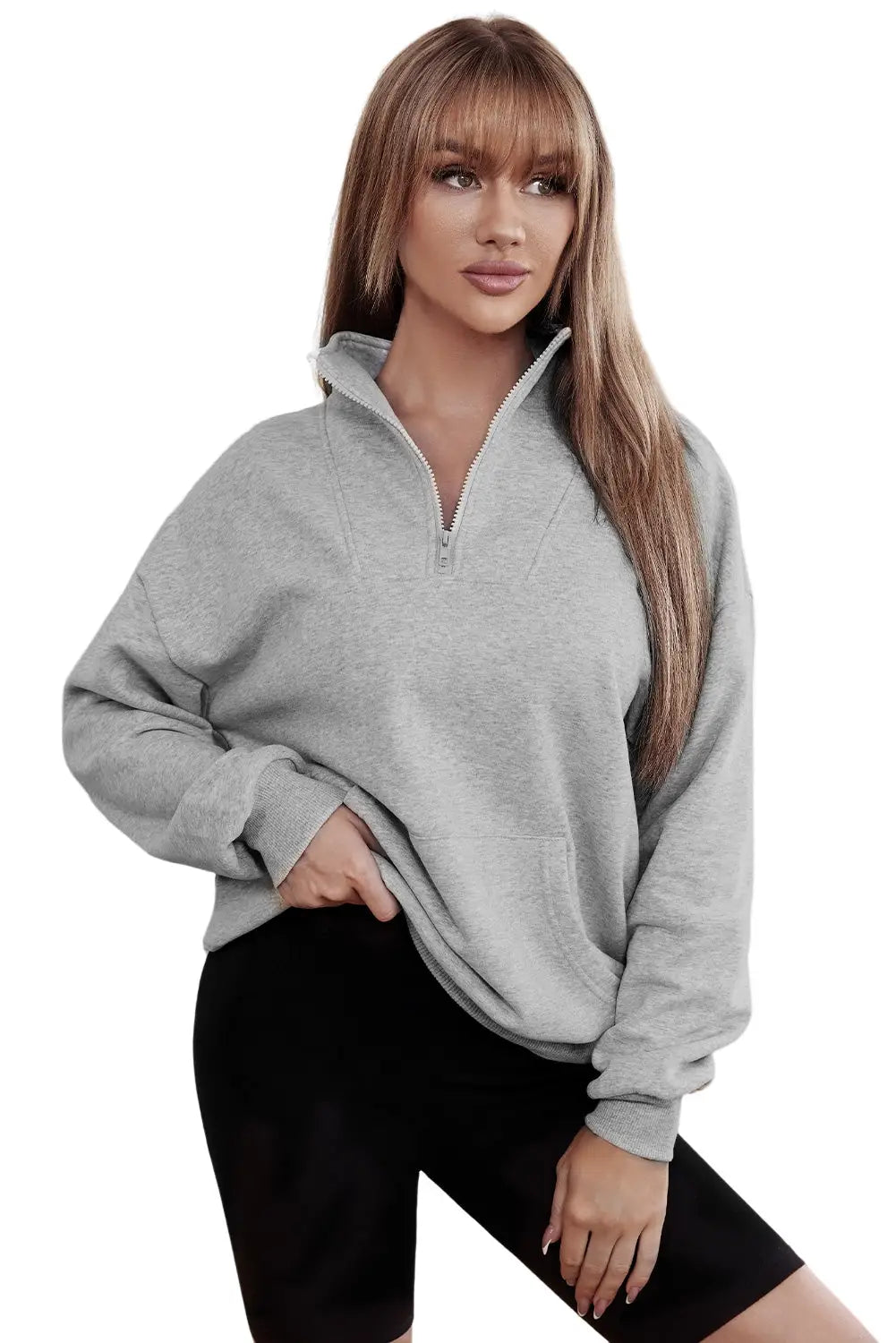 Gray zipped funnel neck kangaroo pocket sweatshirt - sweatshirts & hoodies
