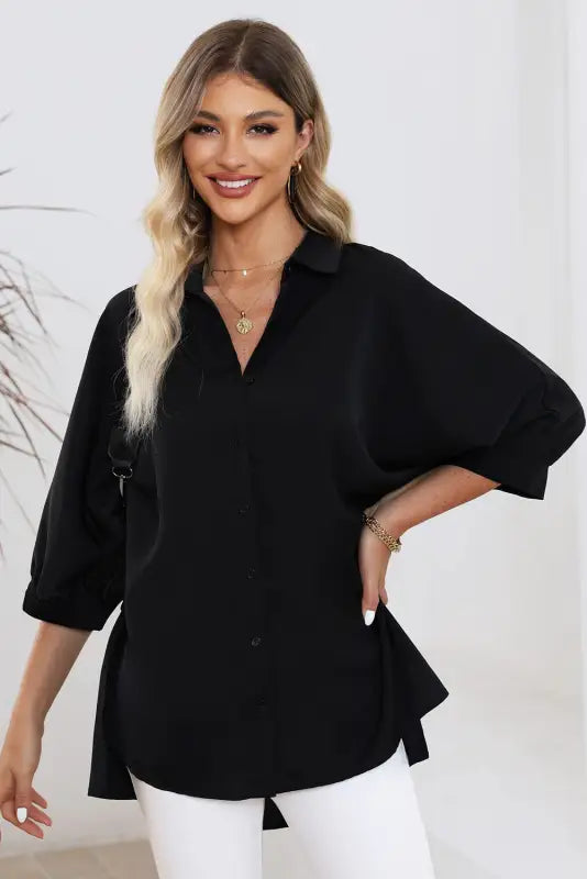 Green 3/4 puff sleeve oversize shirt - shirts