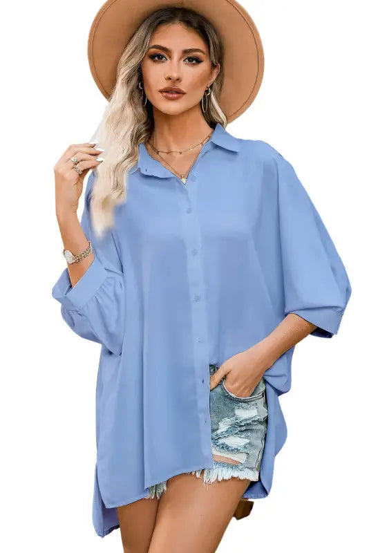 Green 3/4 puff sleeve oversize shirt - shirts