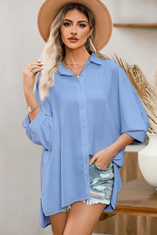 Green 3/4 puff sleeve oversize shirt - shirts