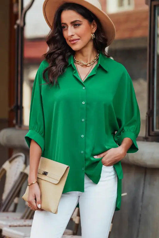 Green 3/4 puff sleeve oversize shirt - shirts