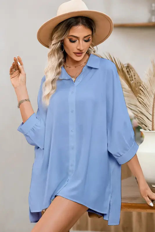 Green 3/4 puff sleeve oversize shirt - shirts