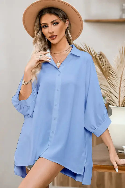 Green 3/4 puff sleeve oversize shirt - shirts