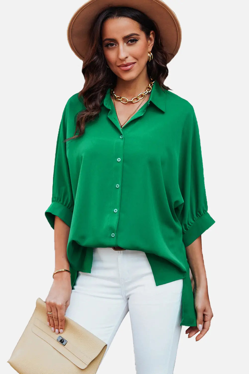 Green 3/4 puff sleeve oversize shirt - tops