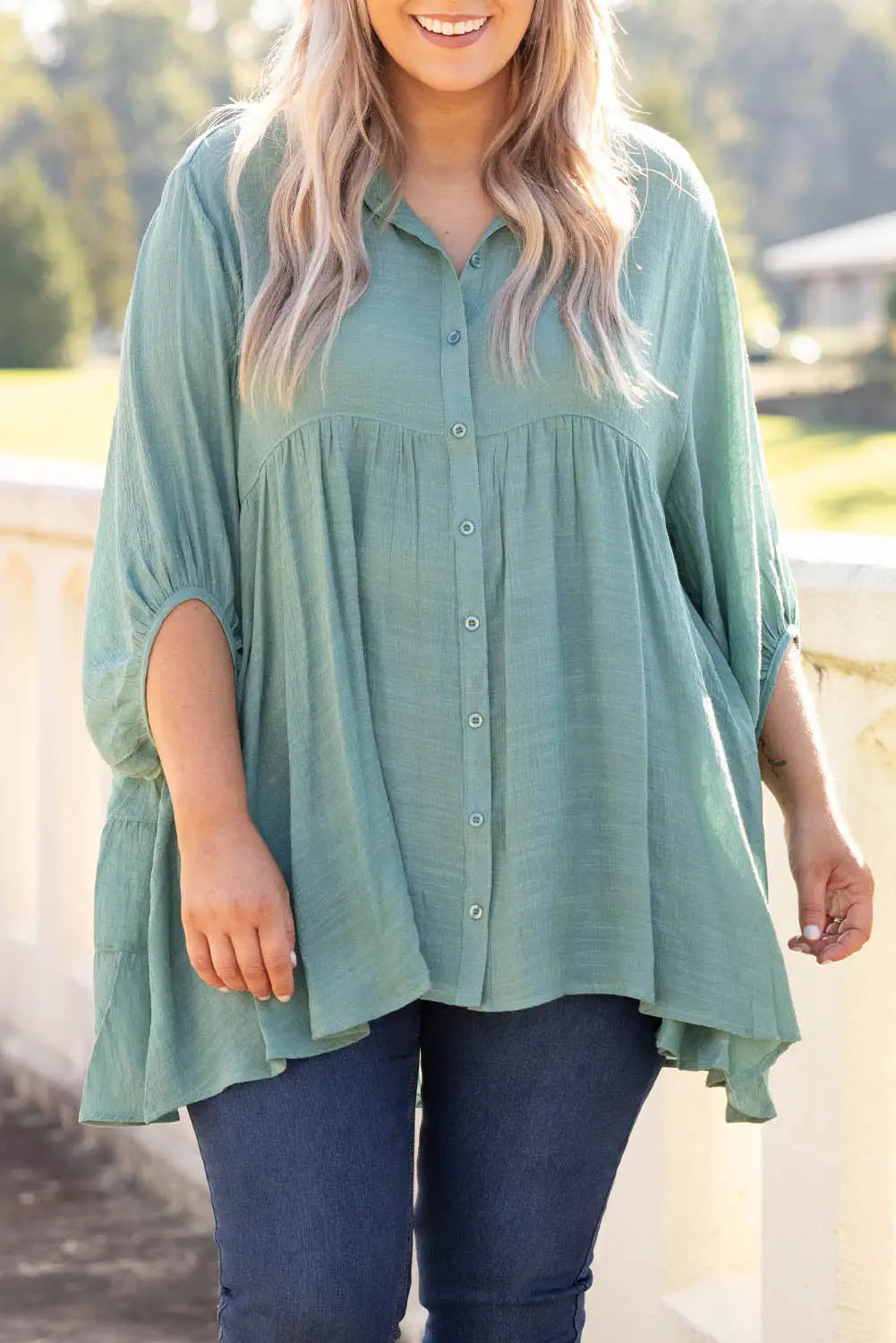 Green 3/4 sleeve plus size tunic top - 1x / 100% polyester