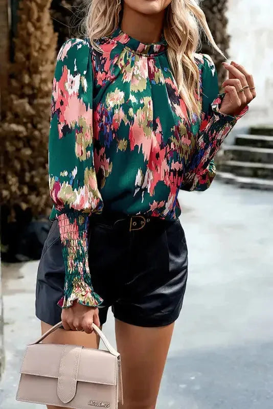 Green Abstract Blouse - Smocked Cuffs Frilled Neck - Fashionfitz