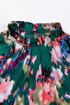 Green Abstract Blouse - Smocked Cuffs Frilled Neck - Fashionfitz