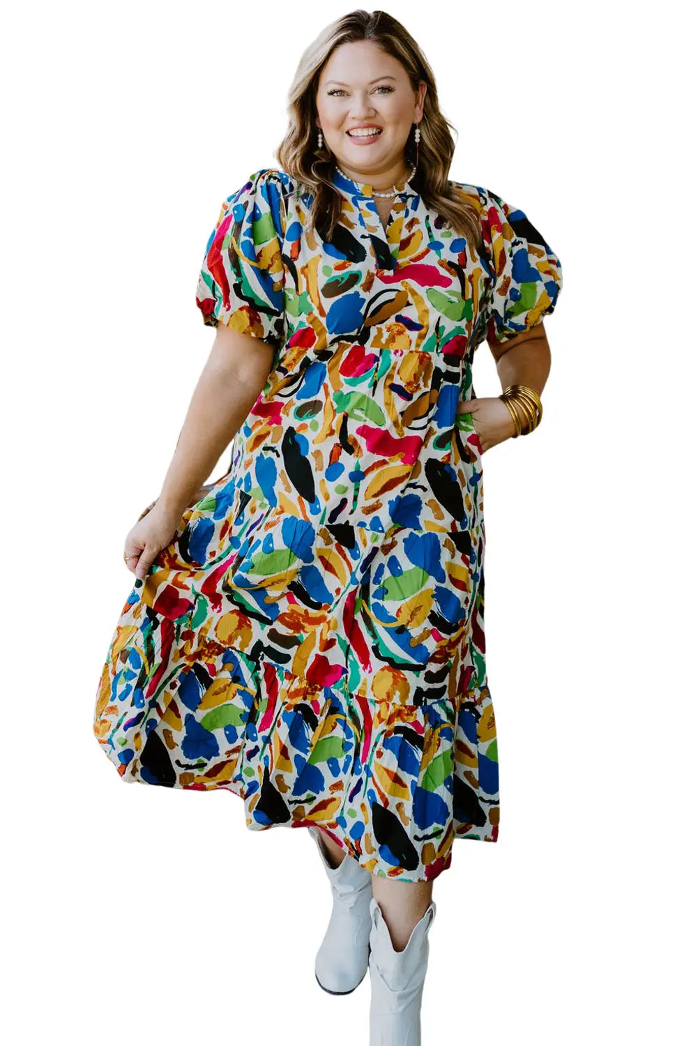 Green abstract print notch neck bubble sleeve plus dress - size