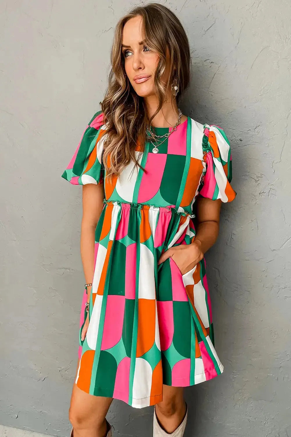 Green Abstract Print Puff Sleeve Short Dress - Fashionfitz