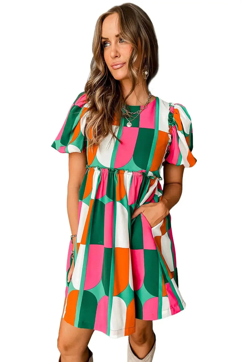 Green Abstract Print Puff Sleeve Short Dress - Fashionfitz