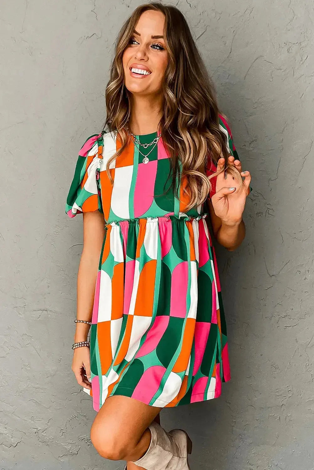 Green Abstract Print Puff Sleeve Short Dress - Fashionfitz