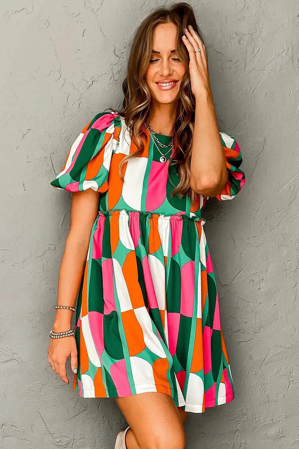 Green Abstract Print Puff Sleeve Short Dress - Fashionfitz