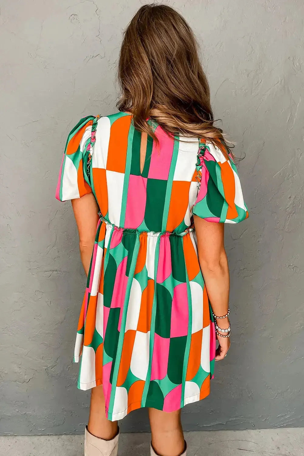 Green Abstract Print Puff Sleeve Short Dress - Fashionfitz