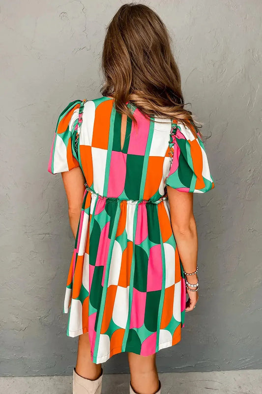 Green Abstract Print Puff Sleeve Short Dress - Fashionfitz