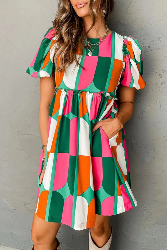 Green Abstract Print Puff Sleeve Short Dress - Fashionfitz