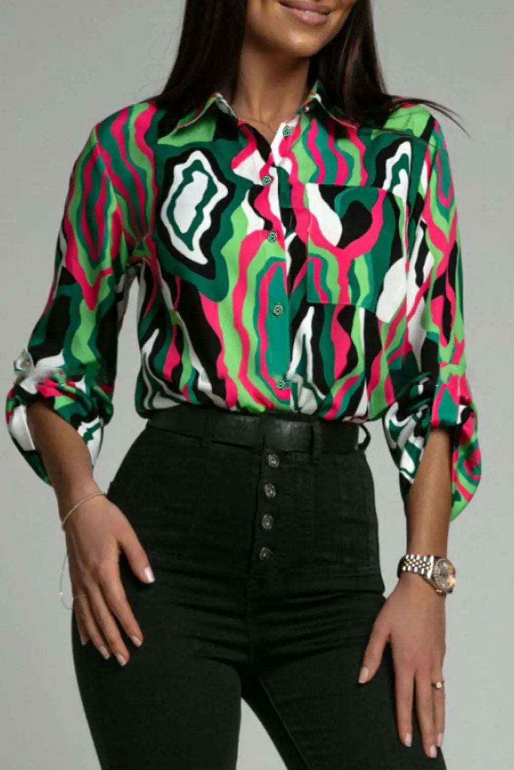 Green abstract print roll-tab sleeve chest pocket shirt - s / 100% polyester - blouses & shirts