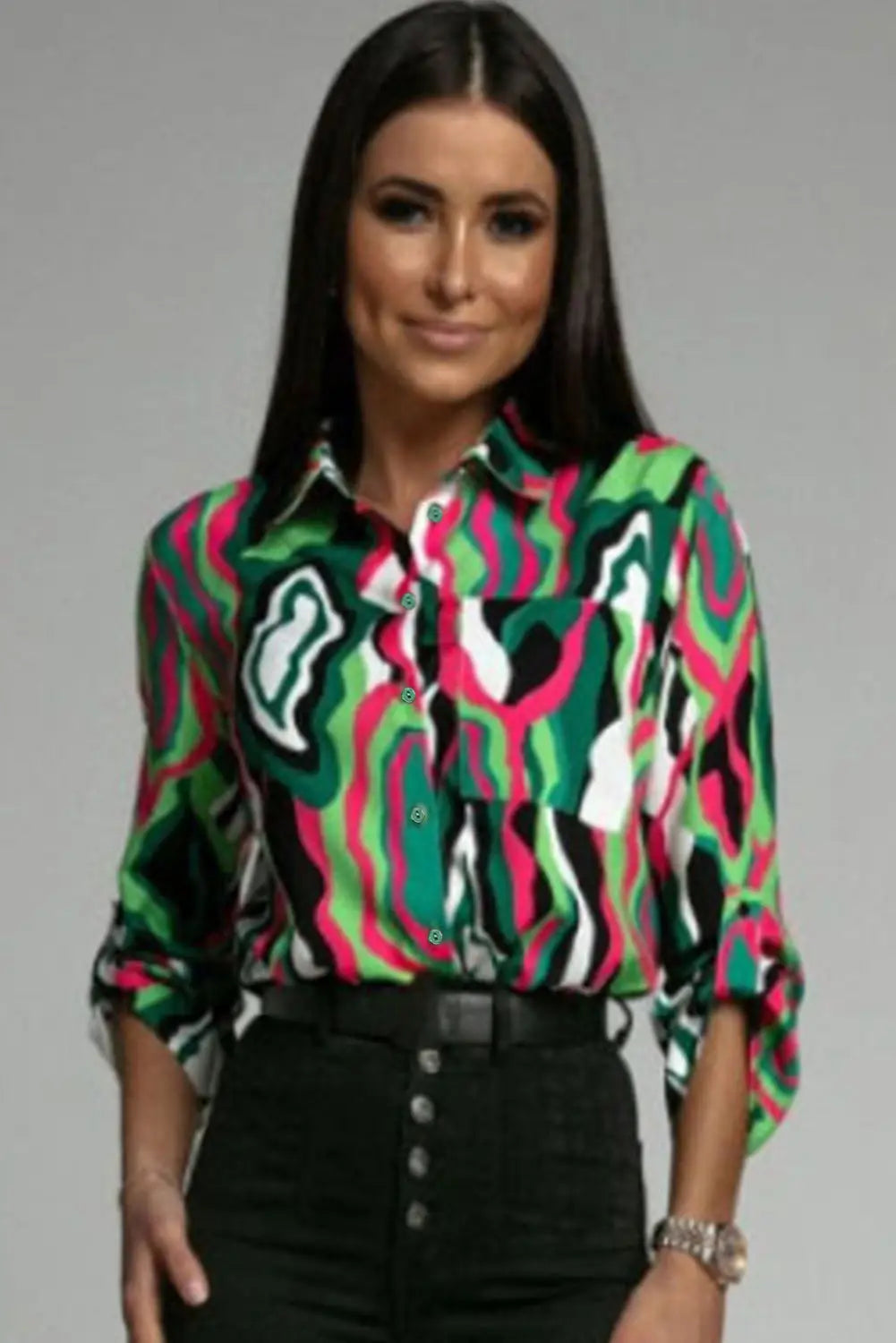 Green abstract print roll-tab sleeve chest pocket shirt - blouses & shirts