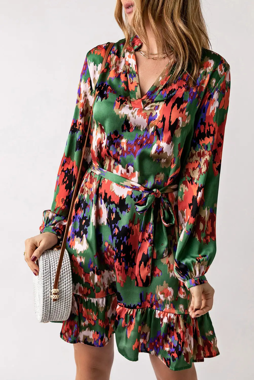 Green abstract print ruffled drawstring high waist mini dress - s 100% polyester dresses