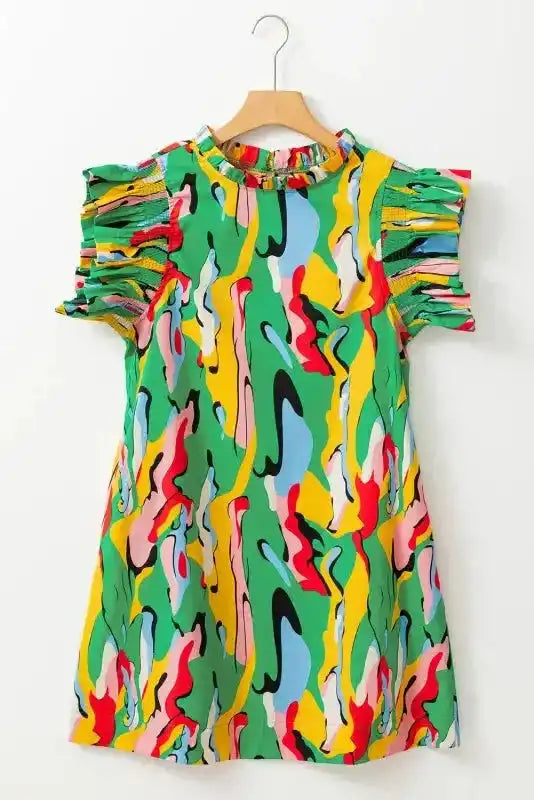 Green Abstract Print Ruffled Sleeve Mini Dress - Fashionfitz