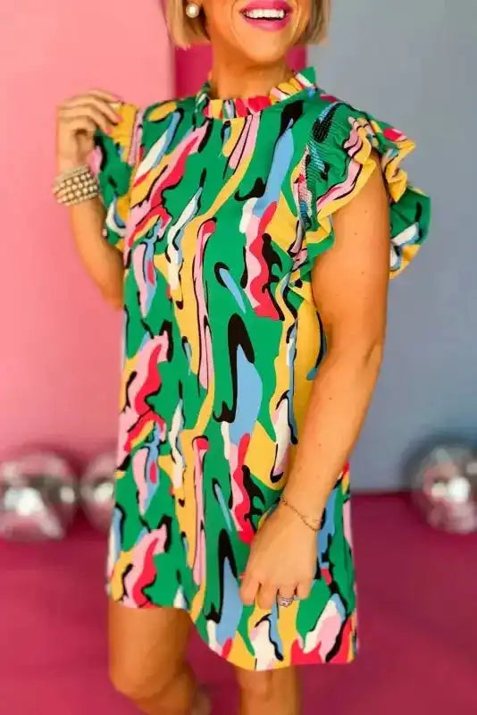 Green Abstract Print Ruffled Sleeve Mini Dress - Fashionfitz
