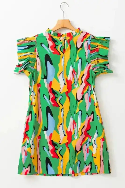Green Abstract Print Ruffled Sleeve Mini Dress - Fashionfitz