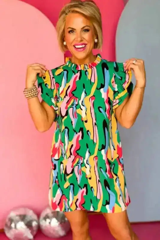 Green Abstract Print Ruffled Sleeve Mini Dress - Fashionfitz