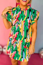 Green Abstract Print Ruffled Sleeve Mini Dress - Fashionfitz