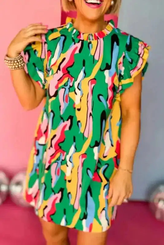 Green Abstract Print Ruffled Sleeve Mini Dress - Fashionfitz
