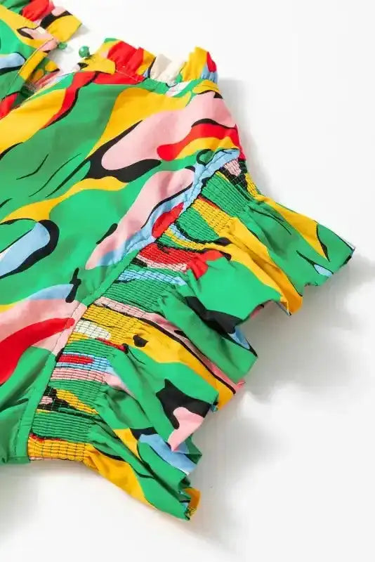 Green Abstract Print Ruffled Sleeve Mini Dress - Fashionfitz