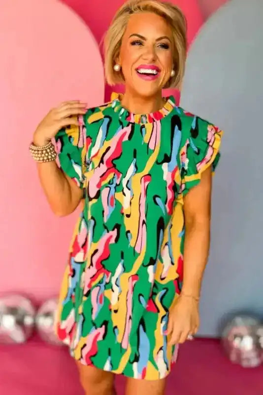 Green Abstract Print Ruffled Sleeve Mini Dress - Fashionfitz