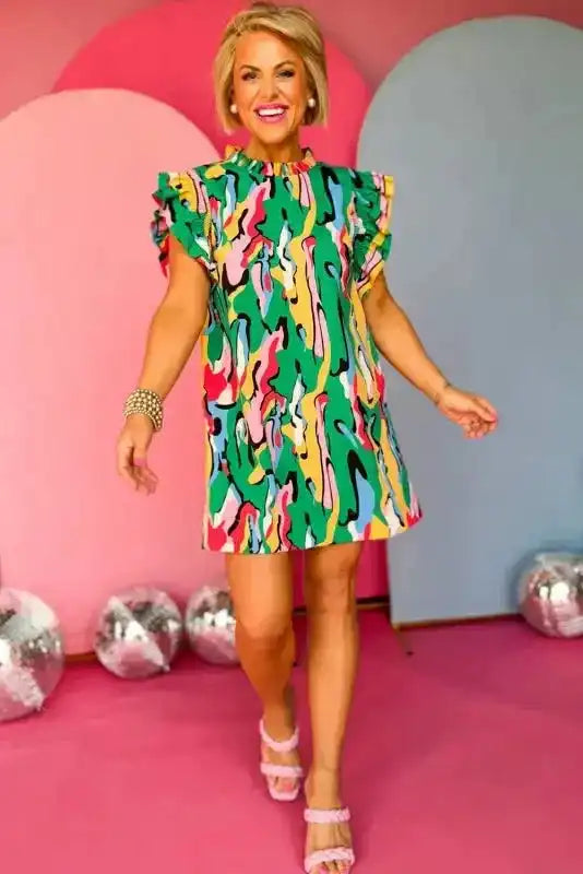 Green Abstract Print Ruffled Sleeve Mini Dress - Fashionfitz