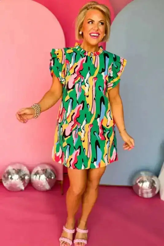 Green Abstract Print Ruffled Sleeve Mini Dress - Fashionfitz