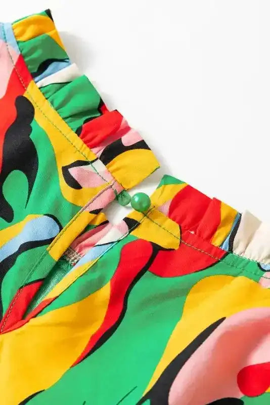 Green Abstract Print Ruffled Sleeve Mini Dress - Fashionfitz