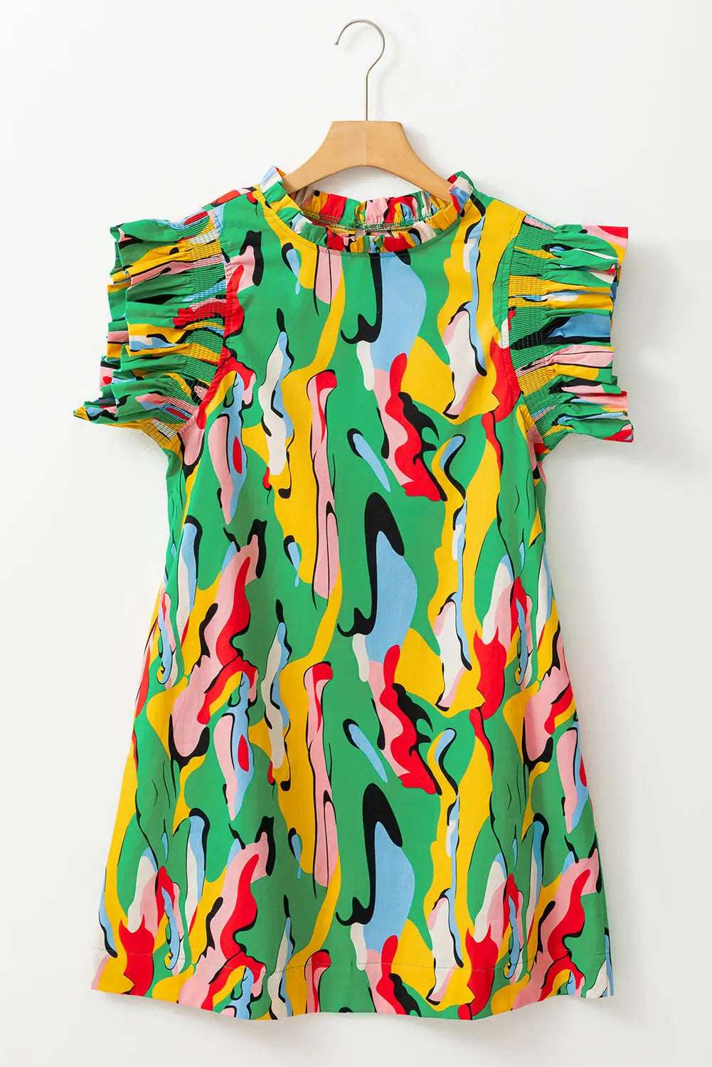 Green abstract print ruffled sleeve mini dress - dresses/mini dresses