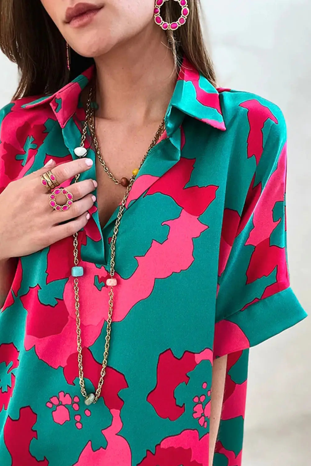 Green abstract print v neck blouse - tops