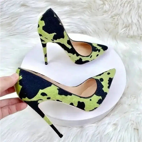 Green Black Plush Pointed High Heels Stiletto - Fashionfitz