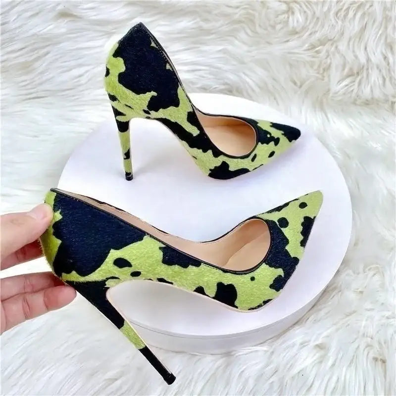 Green black plush pointed high heels stiletto - pumps