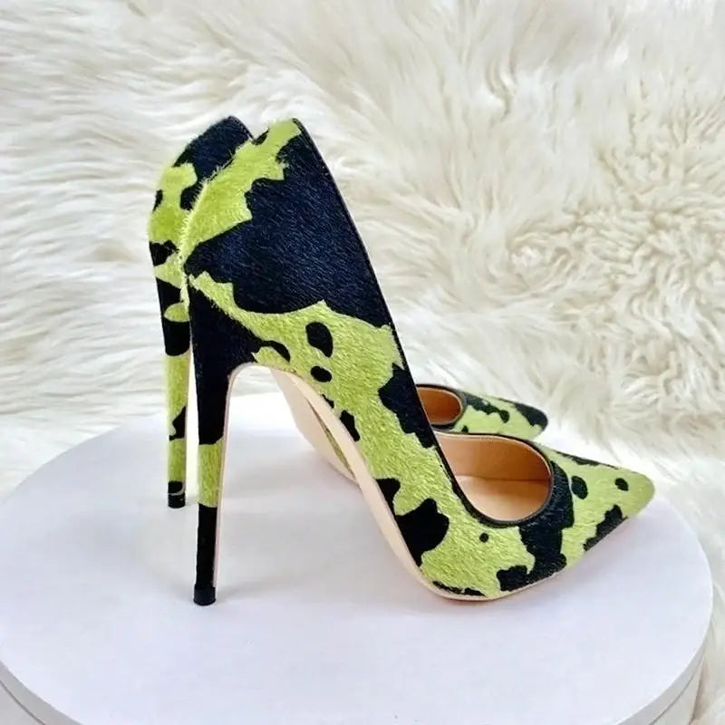 Green black plush pointed high heels stiletto - pumps